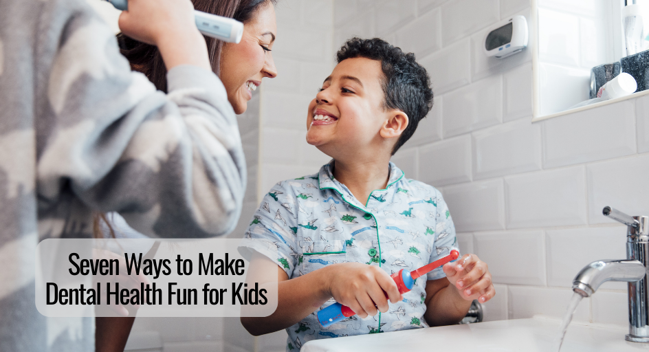 image of a mother showing her son how to brush his teeth